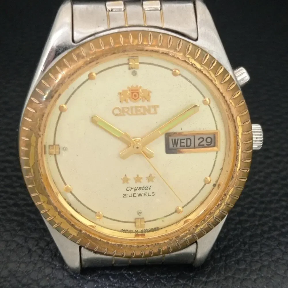 Vintage 1989 Orient Automatic Mens Silver Watch W/daydate & Gold accents